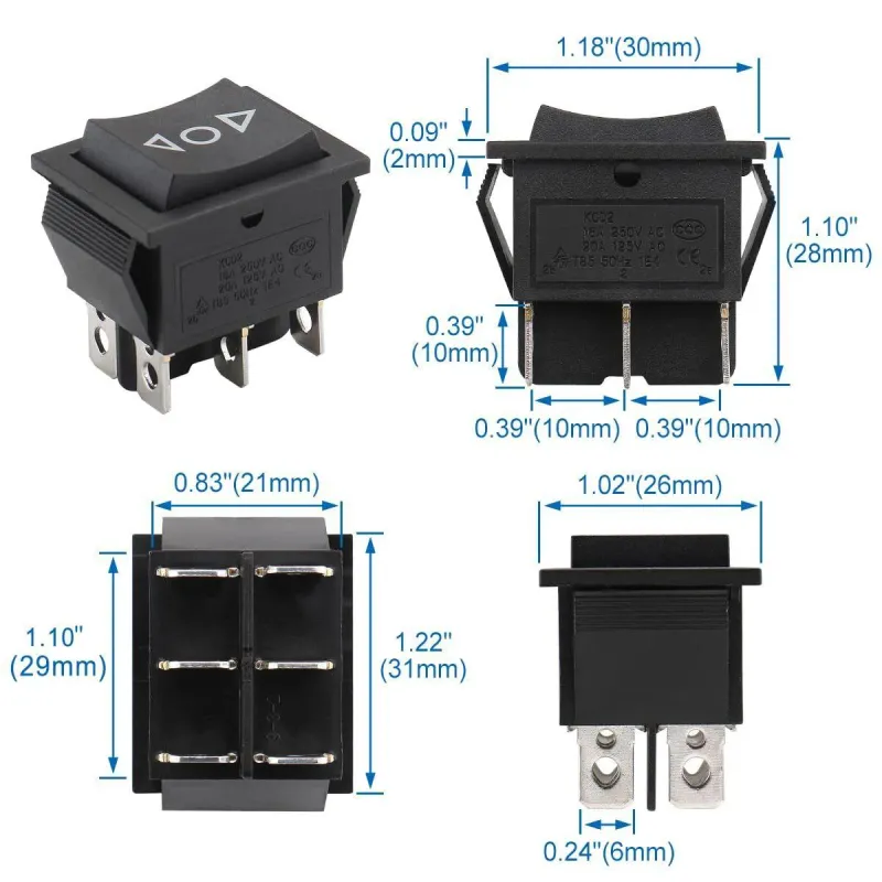 Momentary 6 Pin DPDT Button Rocker Switch ON-OFF-ON AC 250V 16A KCD2-223