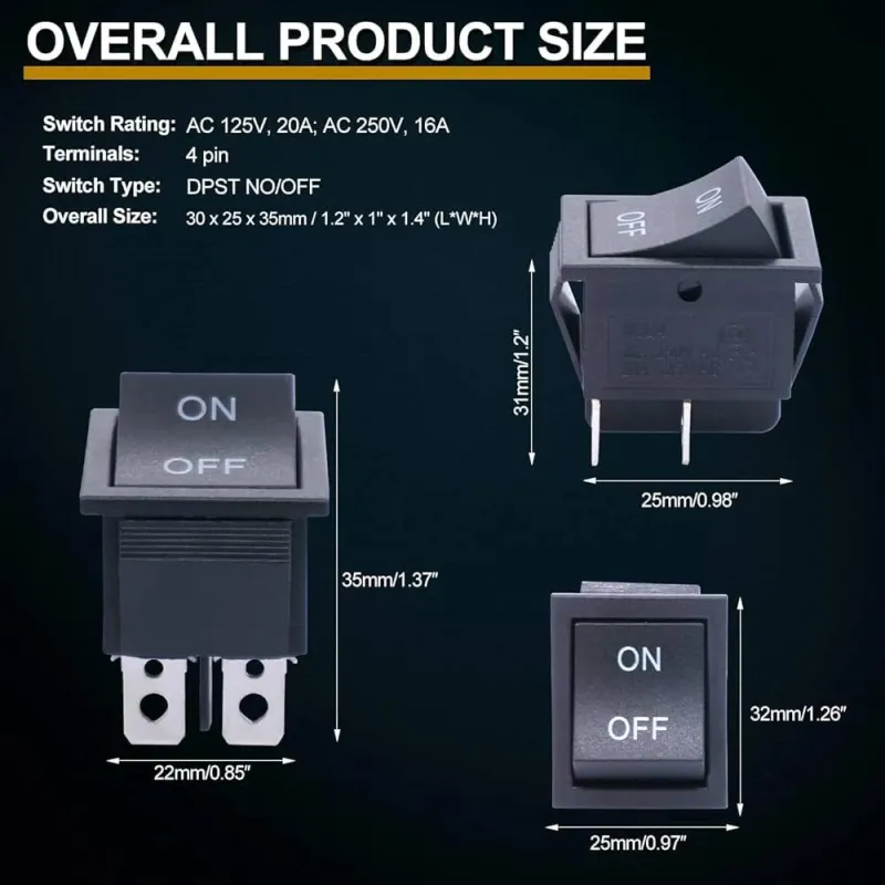 KCD2-201-4 ON-OFF Rocker Switch DPST 4 Pin 250V 16A - Black