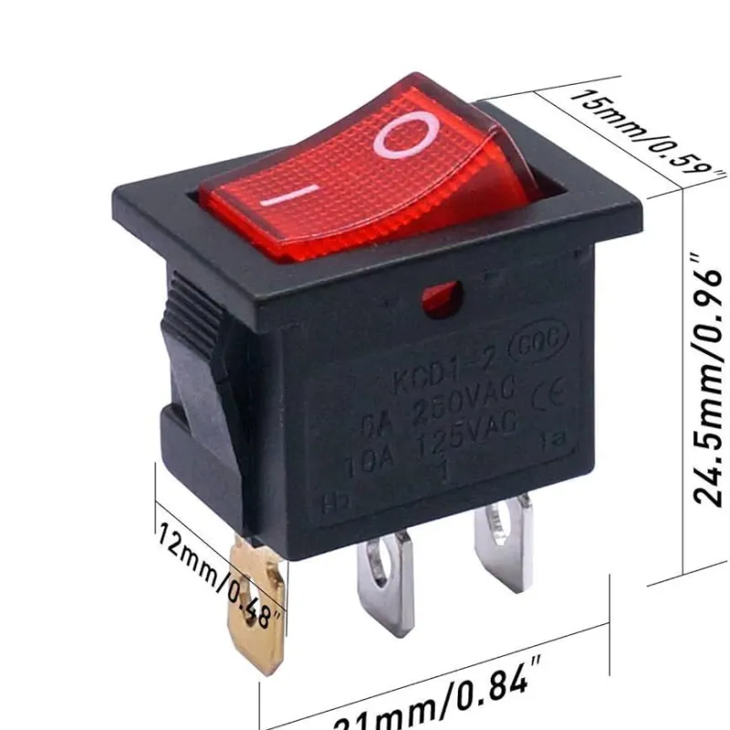 KCD1-101N-2 illuminated Rocker Switch ON-OFF 250V 6A SPST 21x15 mm - Red Light