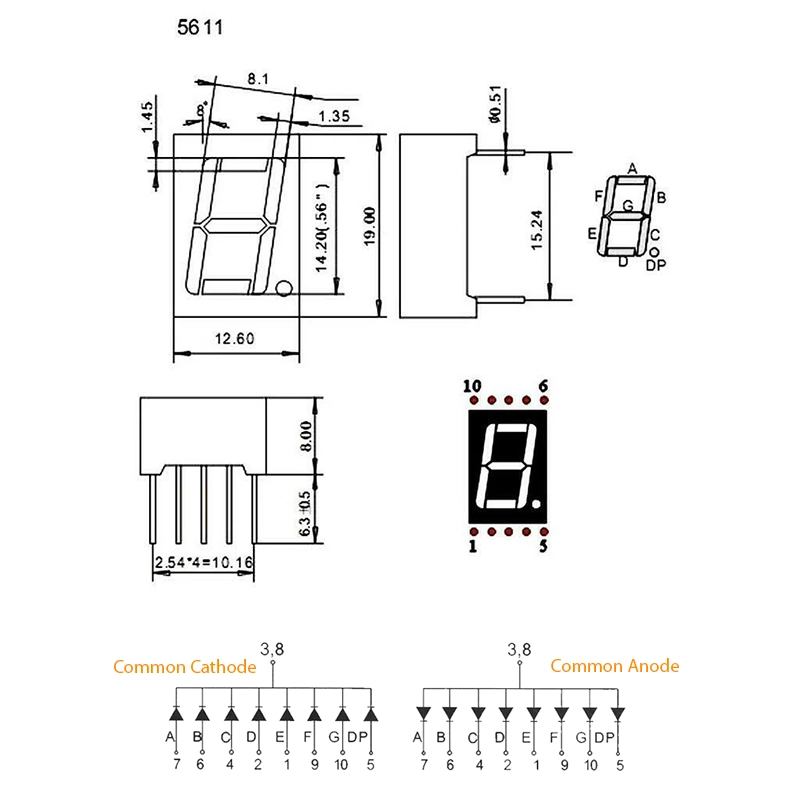 Afișaj 14mm cu 7 Segmente și 1 Cifră Anod Comun 5611BW - WHITE