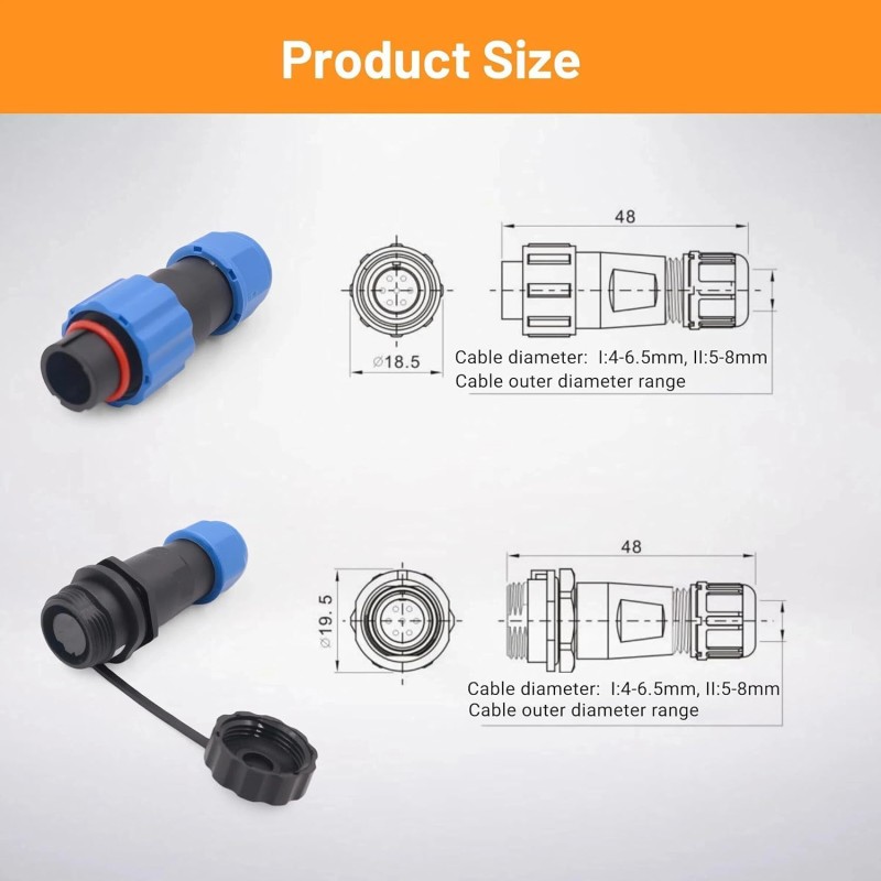 Conector SP13 waterproof IP68, mufa masculină și femelă cu 2 pini, o pereche