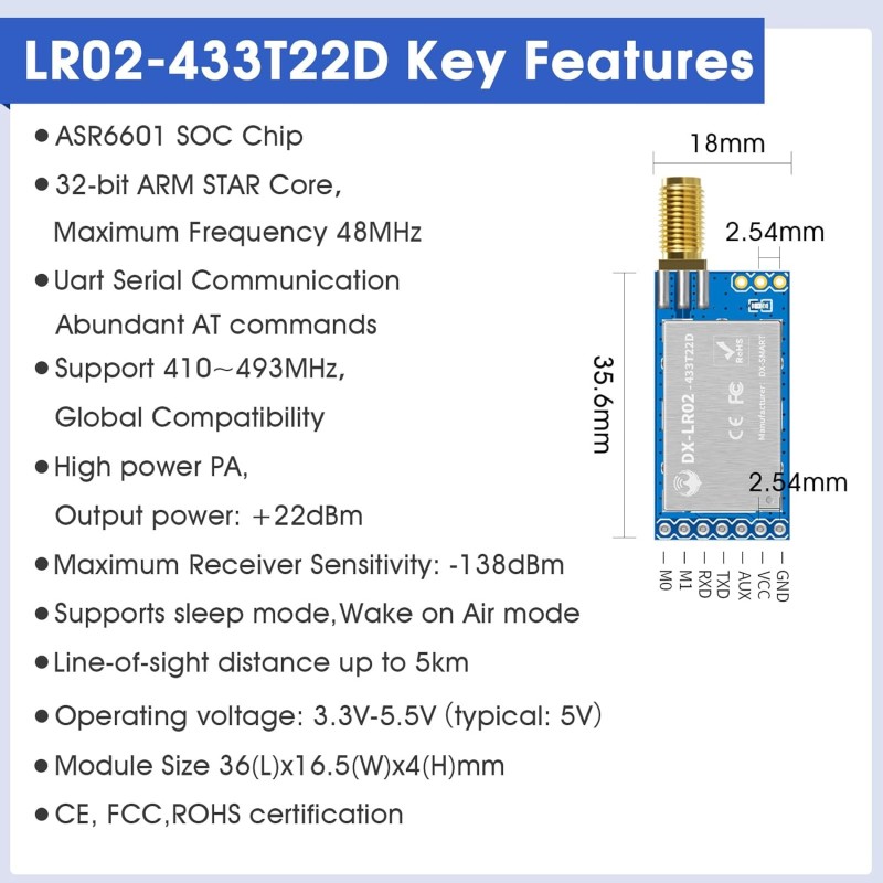DX-SMART DX-LR02 LoRa Module 433MHz UART Wireless Transceiver up to 5 km
