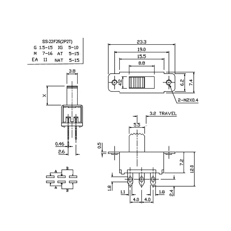 SS22F25-G7 Mini Comutator Glisant cu Montare pe Panou 2 Poziții DPDT 2P2T SS22F25-G7 Mini Comutator Glisant cu Montare pe Panou 2 Poziții DPDT 2P2T
